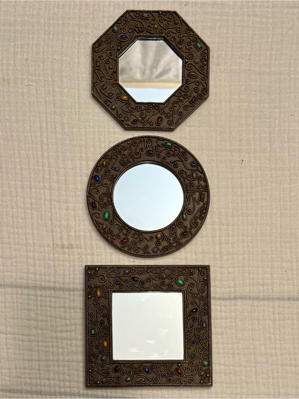Ornate Bronze Tuscan Multicolor Faux Beaded Accent Decor Wall Mirrors Set Of 3